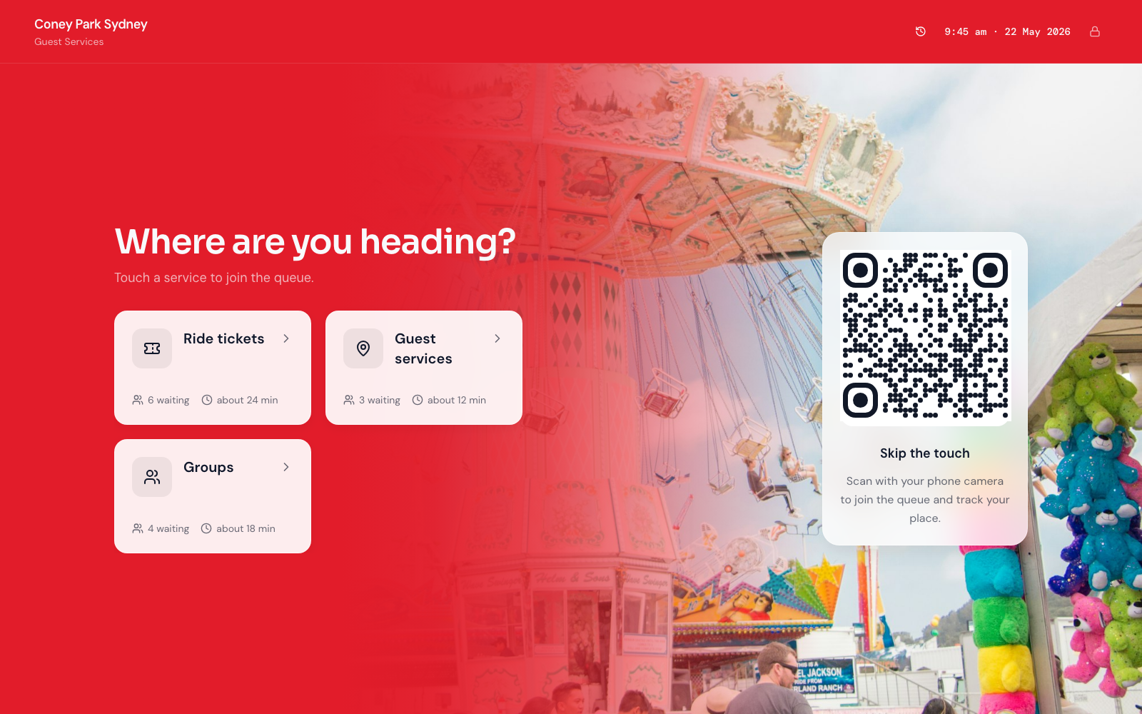 Join kiosk at Coney Park Sydney (Guest Services) showing attractions services