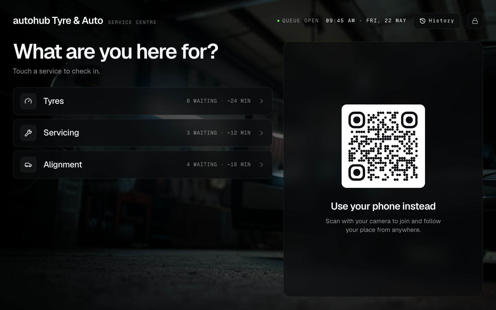 Join kiosk at autohub Tyre & Auto (Service Centre) showing automotive services