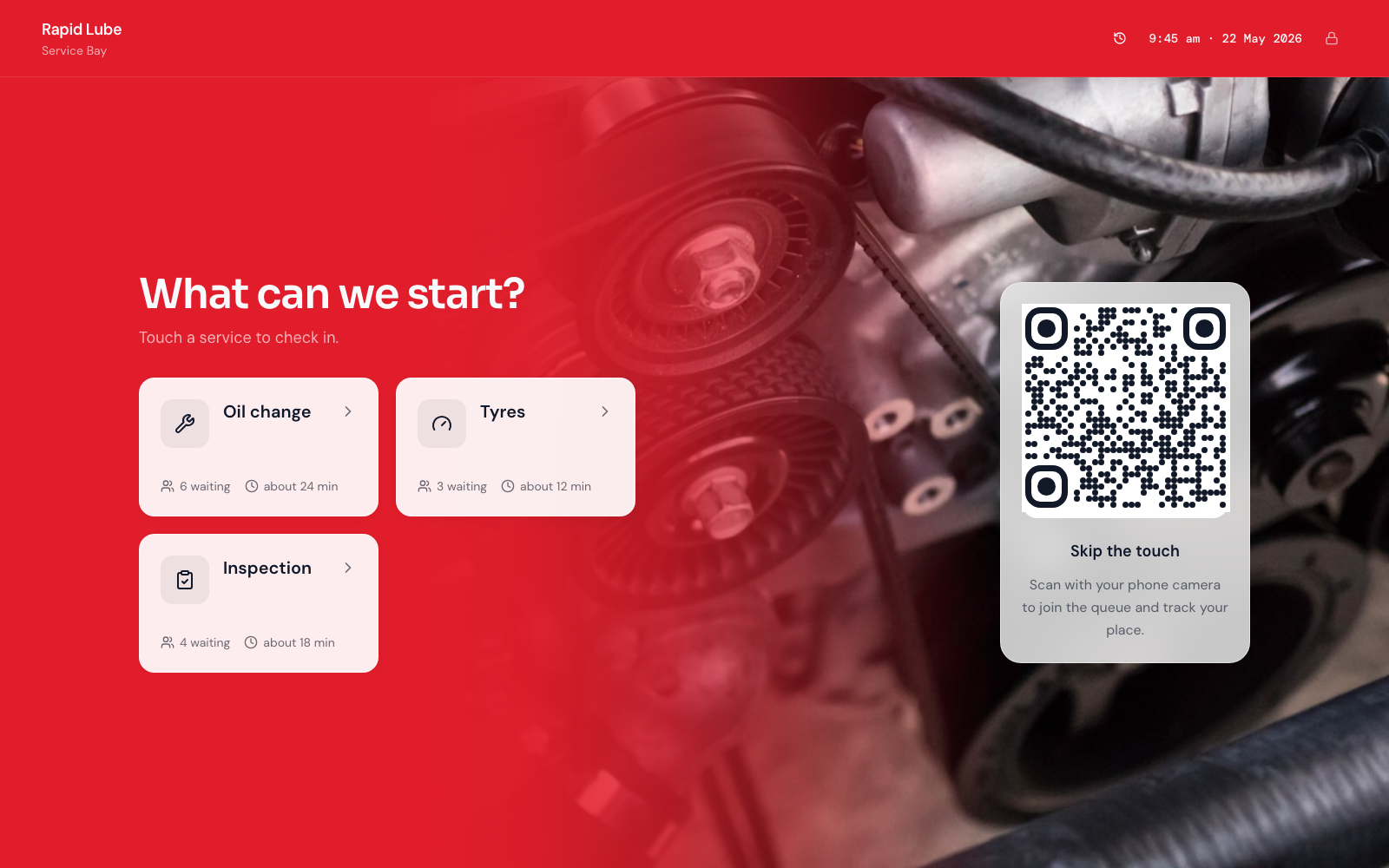 Join kiosk at Rapid Lube (Service Bay) showing automotive services