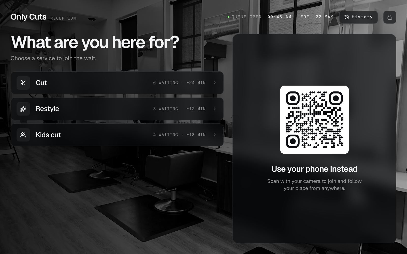 Join kiosk at Only Cuts (Reception) showing beauty services