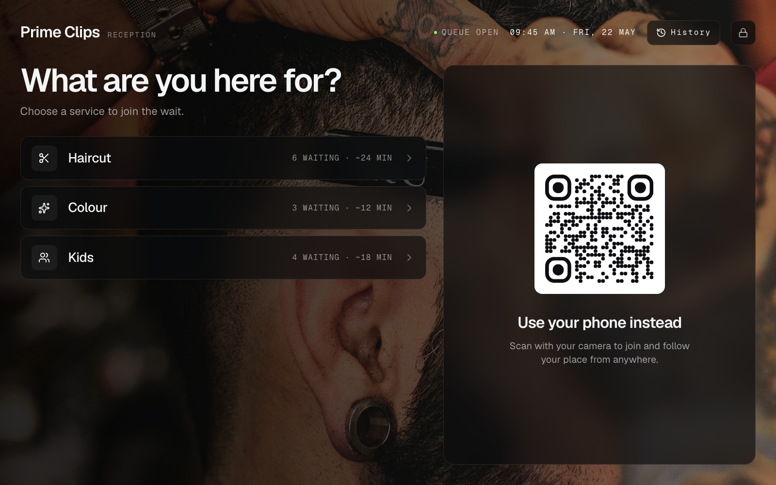 Join kiosk at Prime Clips (Reception) showing beauty services