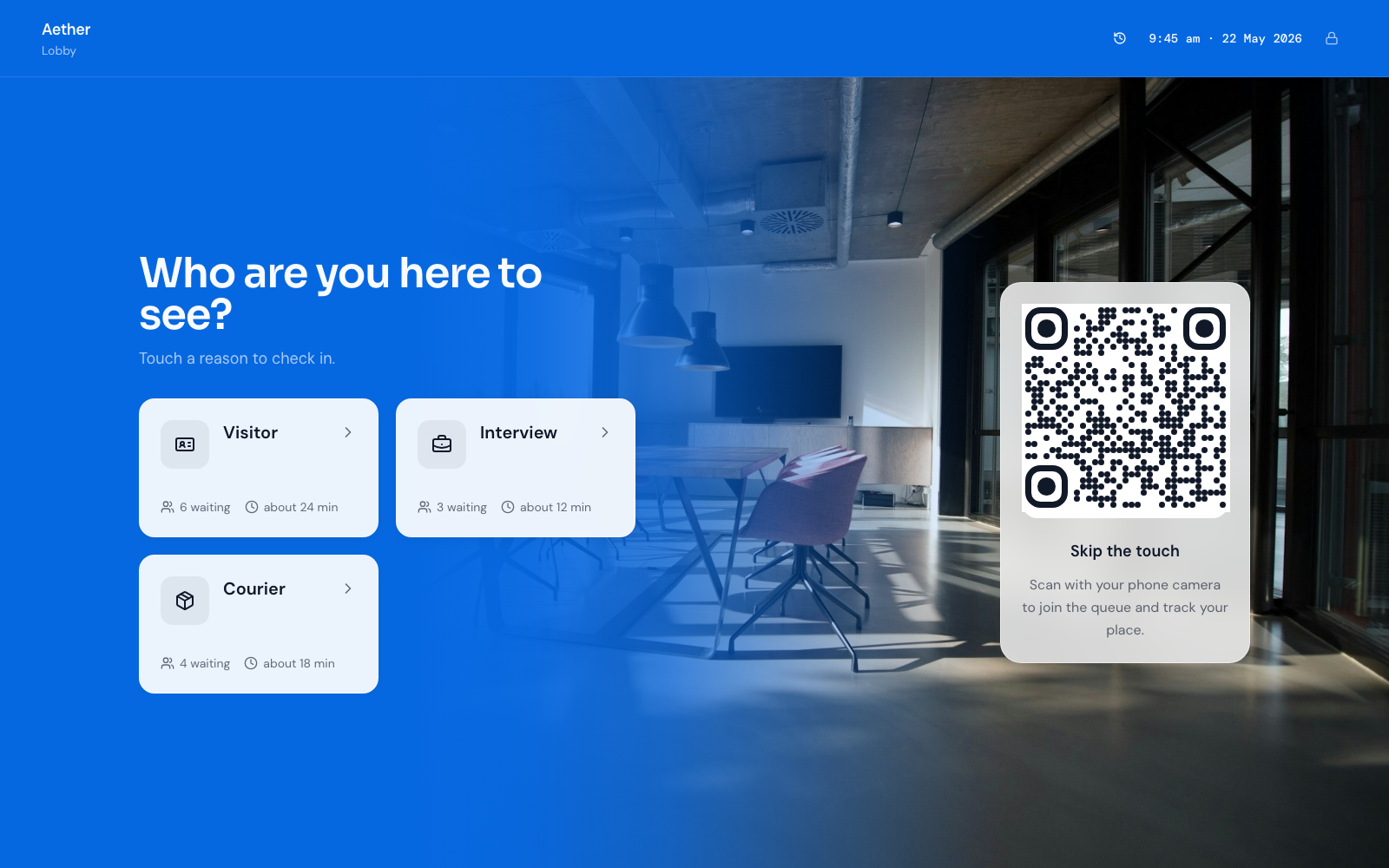 Join kiosk at Aether (Lobby) showing business services