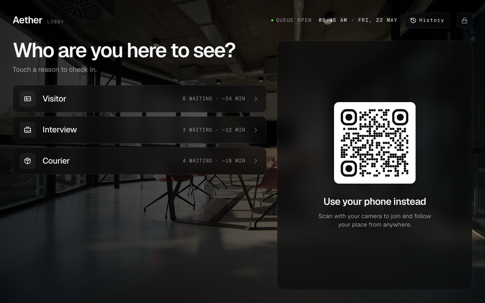 Join kiosk at Aether (Lobby) showing business services