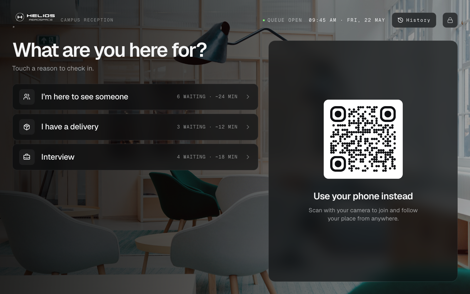 Join kiosk at Helios Aerospace (Campus Reception) showing business services