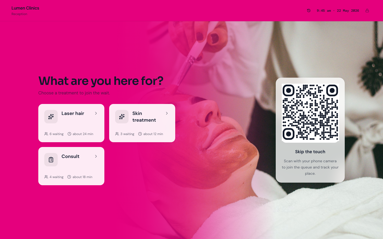 Join kiosk at Lumen Clinics (Reception) showing dermatology services