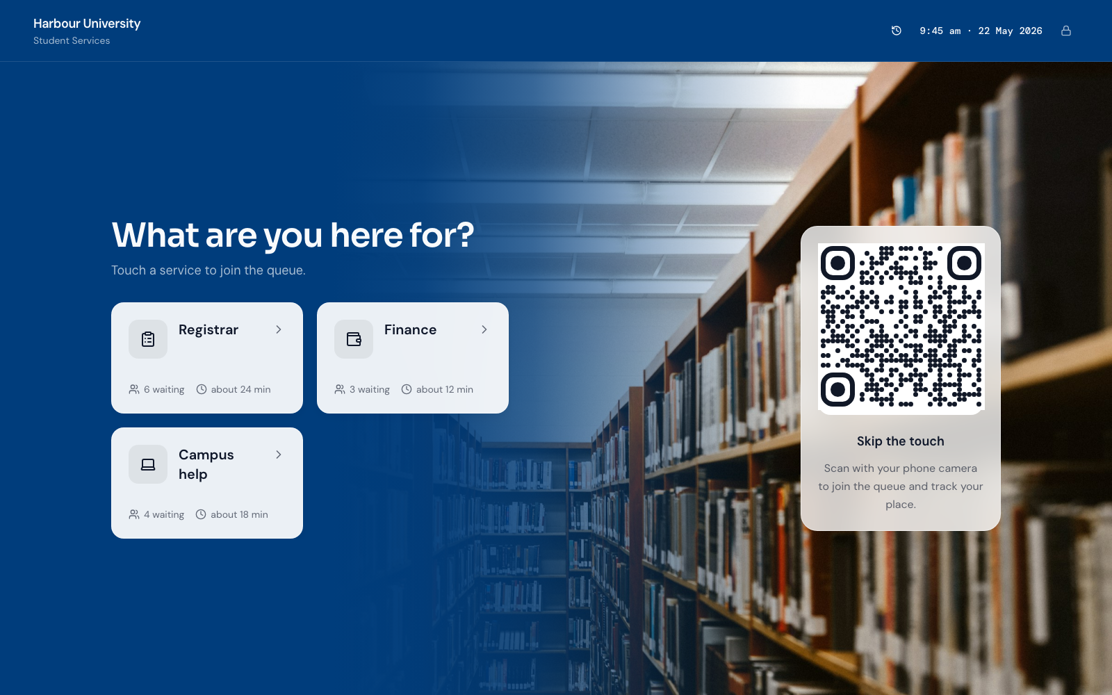 Join kiosk at Harbour University (Student Services) showing education services
