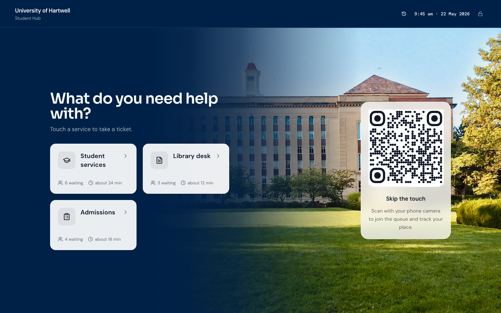 Join kiosk at University of Hartwell (Student Hub) showing education services