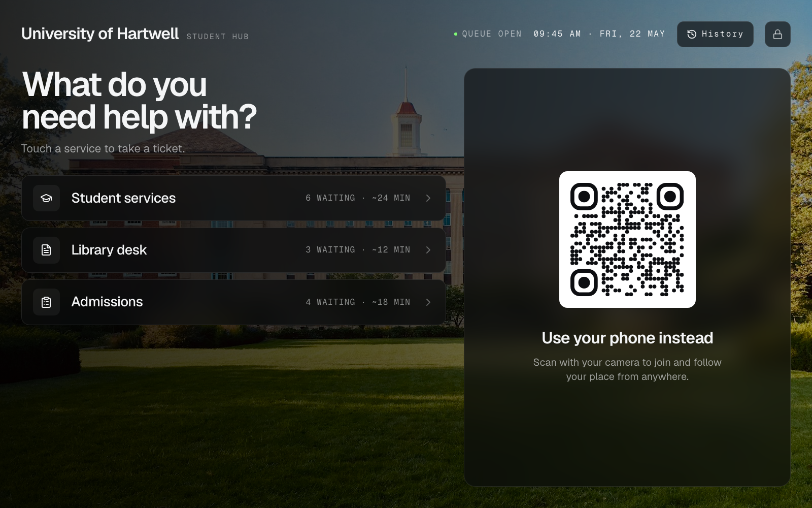 Join kiosk at University of Hartwell (Student Hub) showing education services