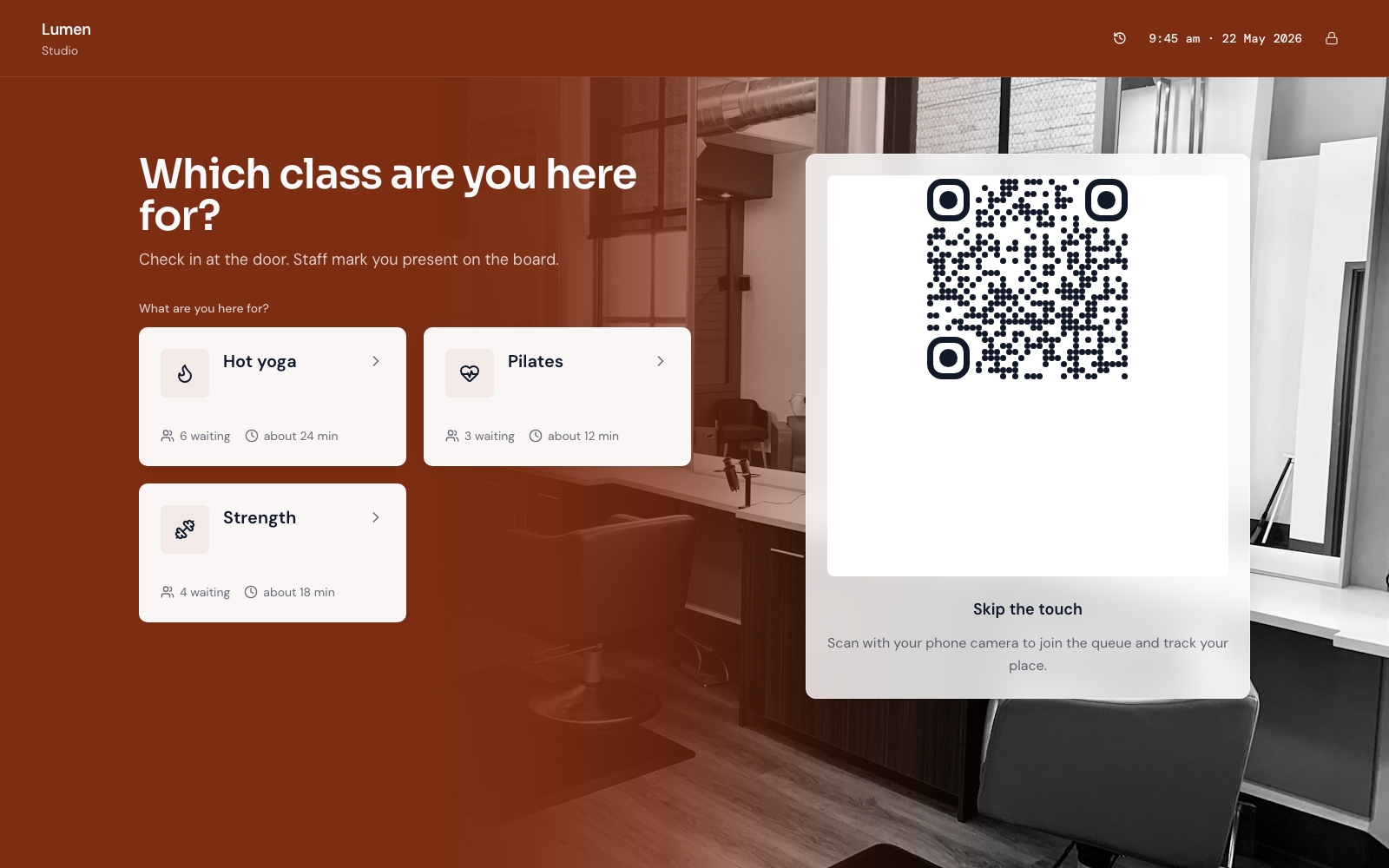 Studio tablet kiosk with Hot yoga, Pilates, and Strength class check-in