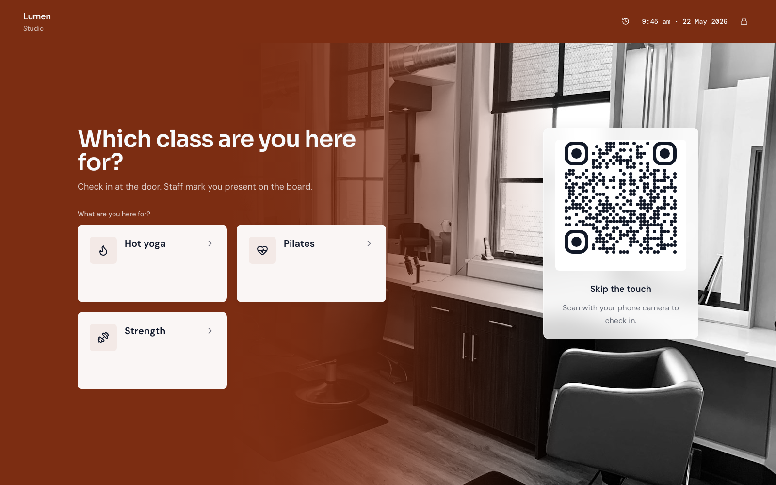 Studio tablet kiosk with Hot yoga, Pilates, and Strength class check-in