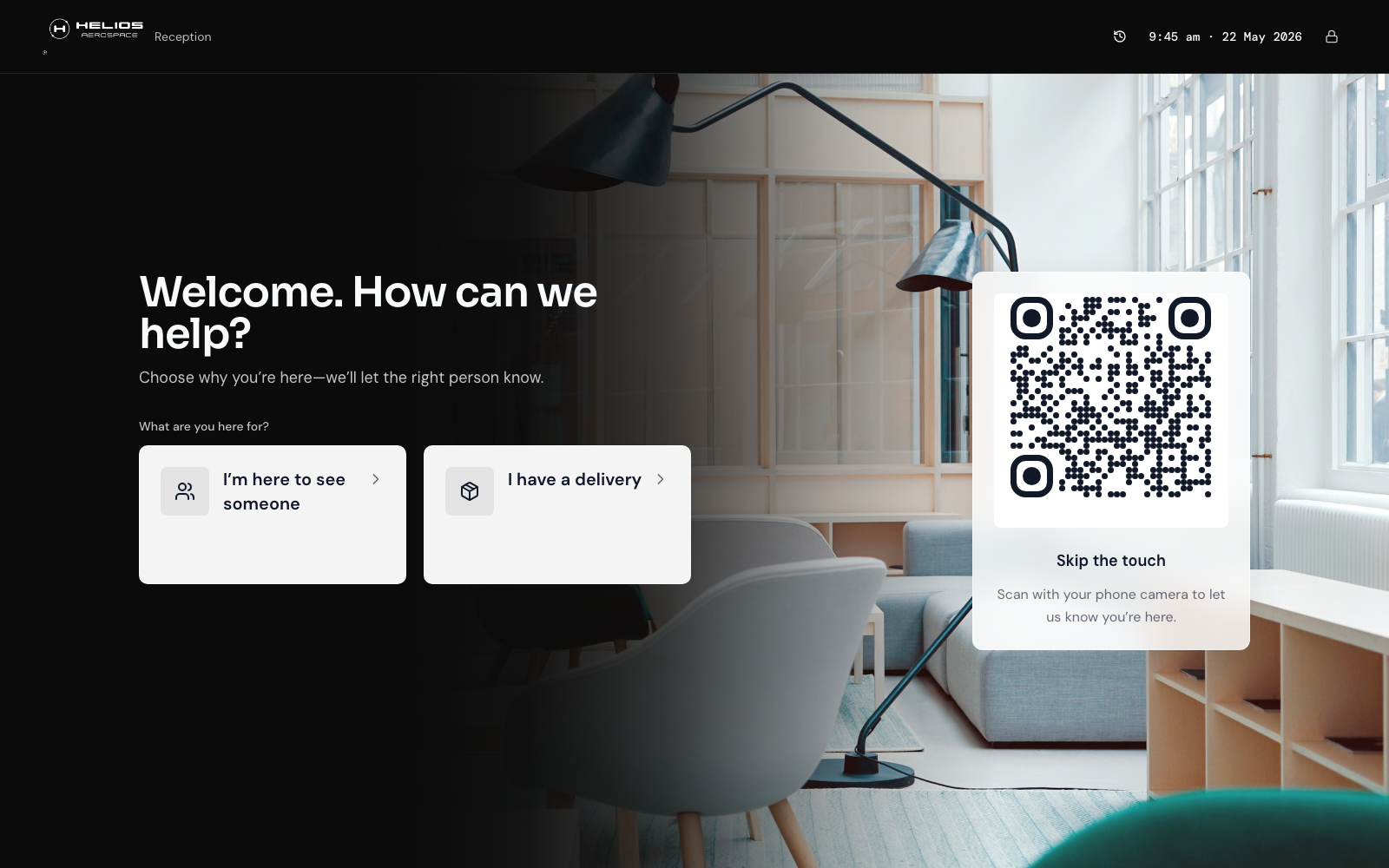 Lobby tablet kiosk with I’m here to see someone and I have a delivery