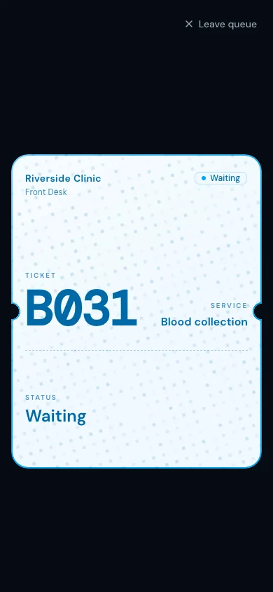 Live queue Ticket on a visitor’s phone showing place in line