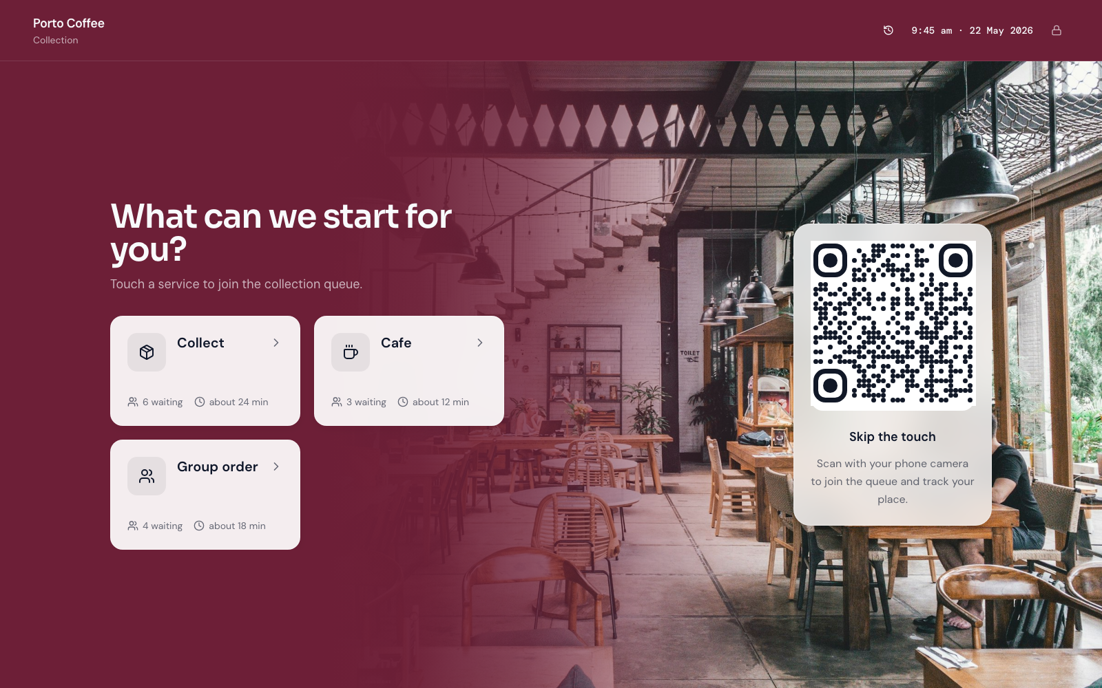 Join kiosk at Porto Coffee (Collection) showing hospitality services