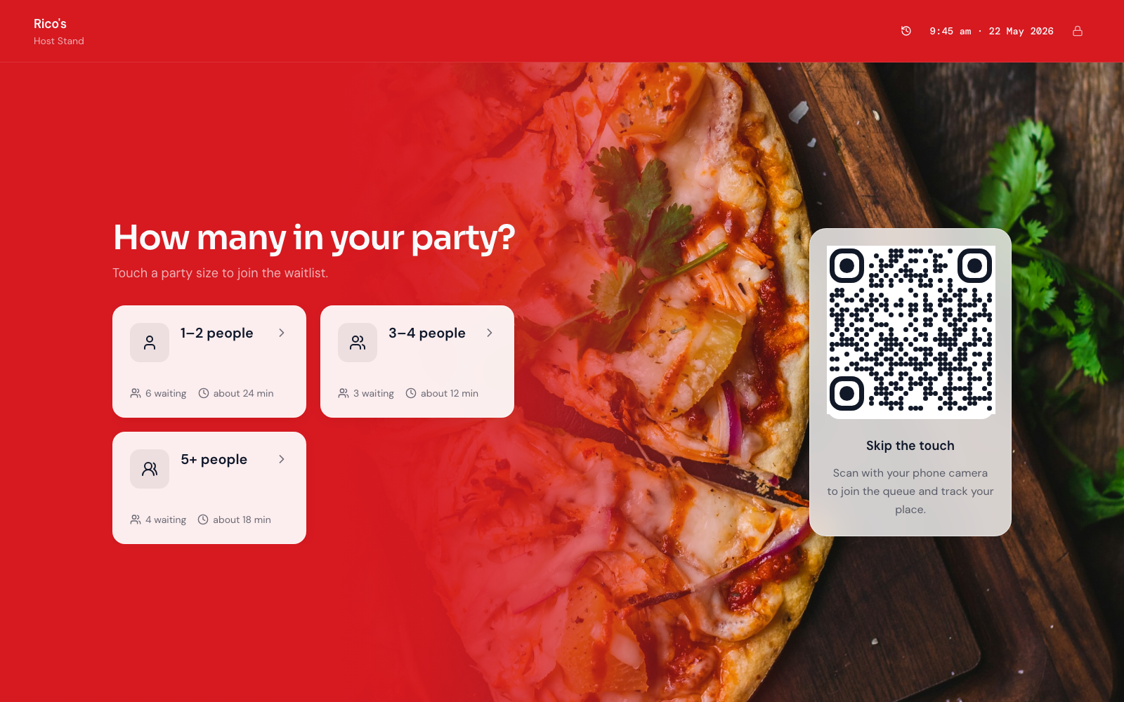 Join kiosk at Rico's (Host Stand) showing restaurants services