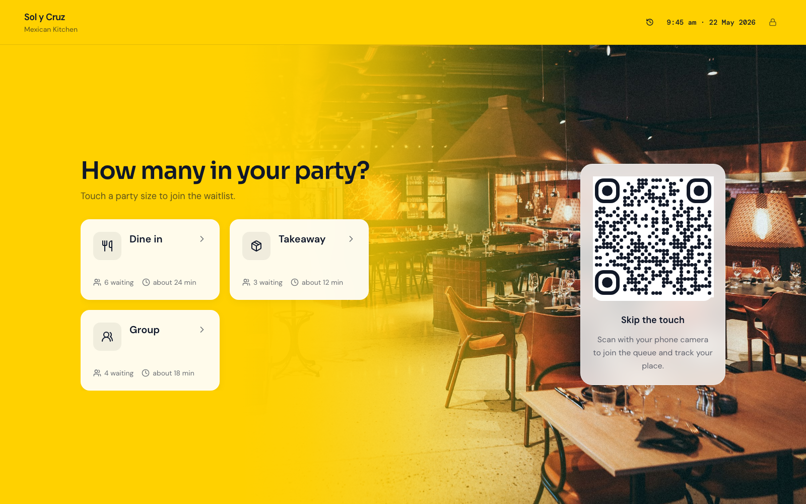 Join kiosk at Sol y Cruz (Mexican Kitchen) showing restaurants services