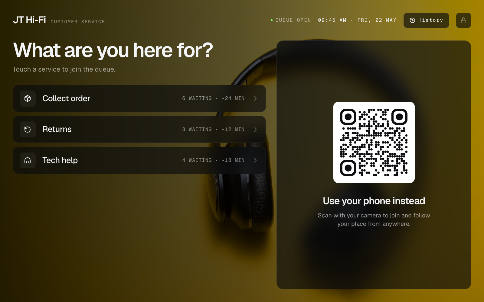 Join kiosk at JT Hi-Fi (Customer Service) showing retail services