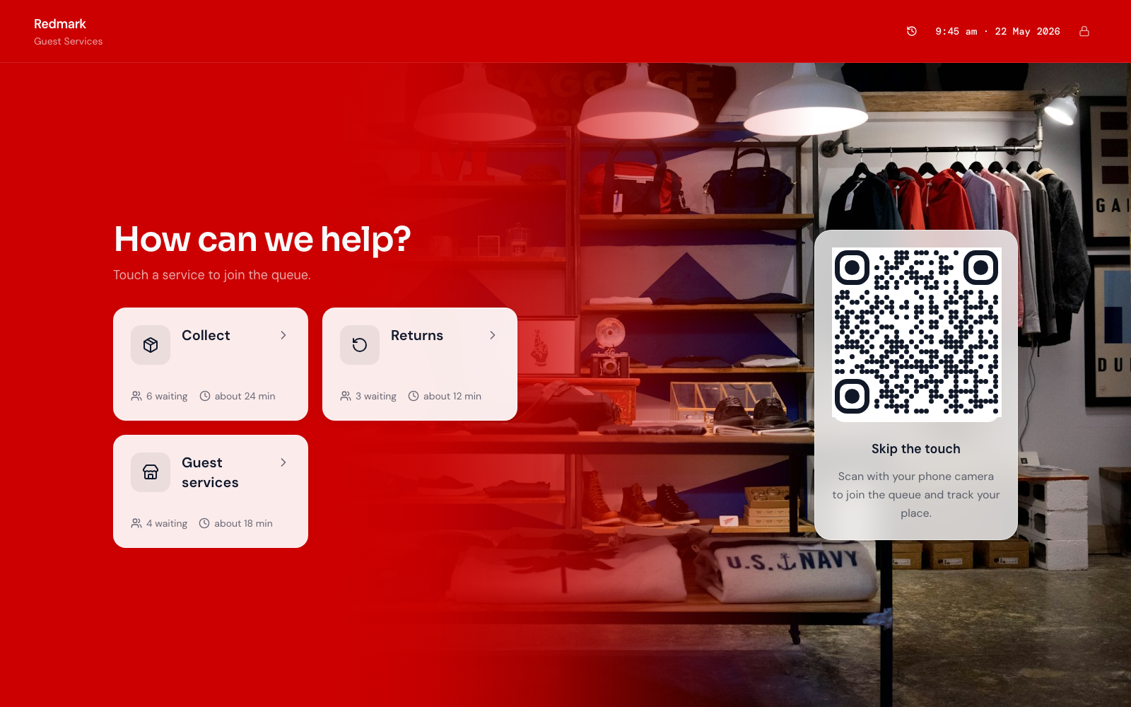 Join kiosk at Redmark (Guest Services) showing retail services