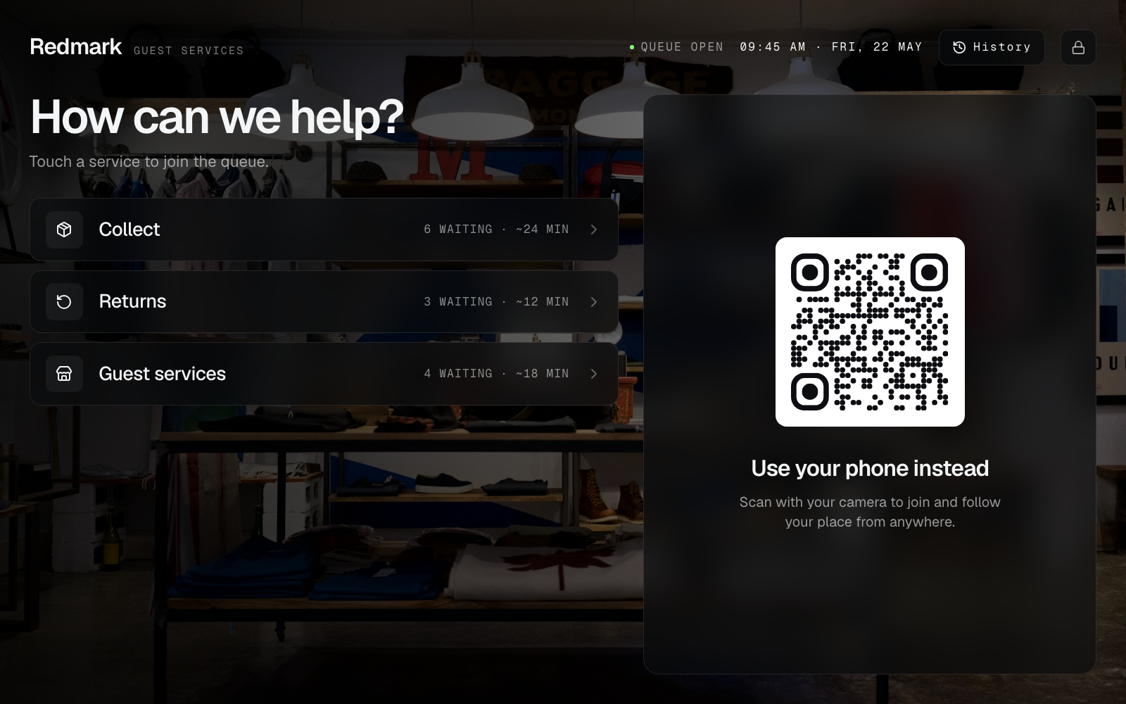 Join kiosk at Redmark (Guest Services) showing retail services